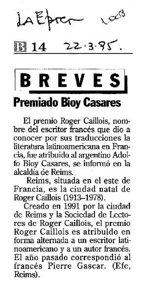 Premiado Bioy Casares.