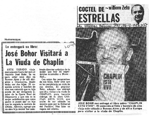 José Bohor visitará a la viuda de Chaplín