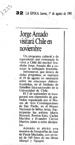Jorge Amado visitará Chile en noviembre.