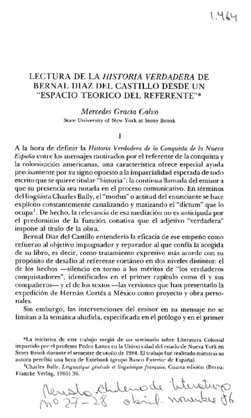 Lectura de la Historia verdadera de Bernal Díaz del Castillo desde un "espacio teórico del referente"
