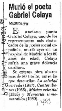 Murió el poeta Gabriel Celaya.