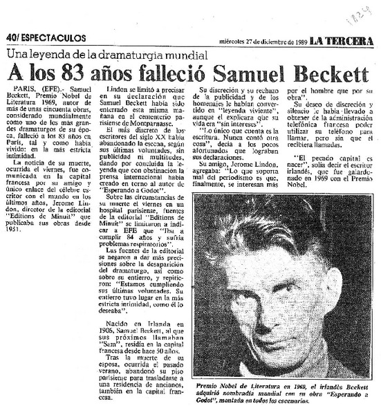 A los 83 años falleció Samuel Beckett.