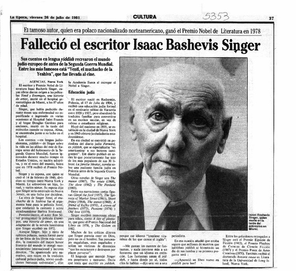 Falleció el escritor Isaac Bashevis Singer.