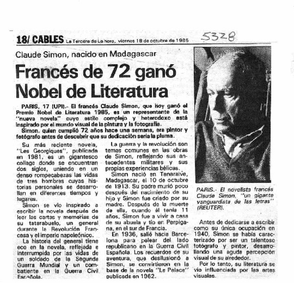 Francés de 72 ganó Nobel de Literatura.