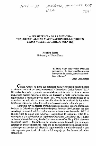 La Persistencia de la memoria: transexualidad y activación del lector en Terra Nostra de Carlos Fuentes