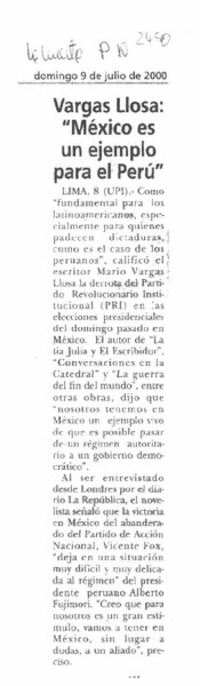 Vargas Llosa: "México es un ejemplo para el Perú".