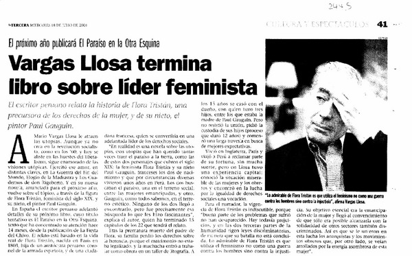 Vargas Llosa termina libro sobre líder feminista.