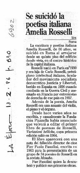 Se suicidó la poetisa italiana Amelia Rosselli.