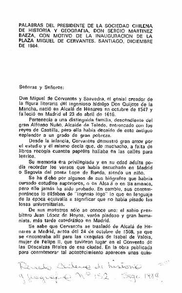 Palabras del Presidente de la Sociedad Chilena de Historia y Geografía, don Sergio Martínez Baeza, con motivo de la inauguración de la Plaza Miguel de Cervantes