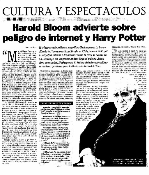 Harold Bloom advierte sobre peligro de internet y Harry Potter