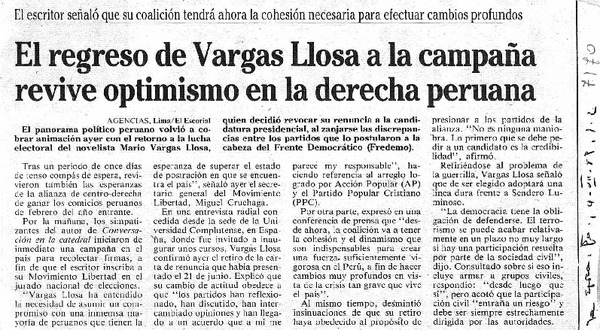 El Regreso de Vargas Llosa a la campaña revive optimismo en la derecha peruana.