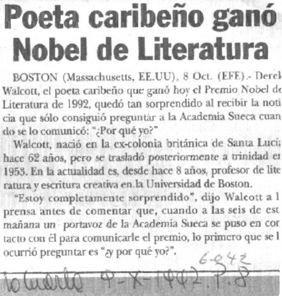 Poeta caribeño ganó Nobel de Literatura.