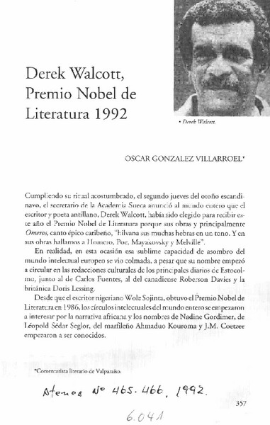 Derek Walcott, Premio Nobel de Literatura 1992