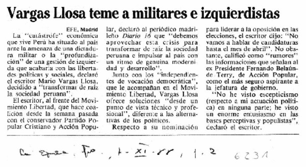 Vargas Llosa teme a militares e izquierdistas.