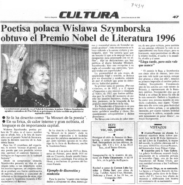 Poetisa polaca Wislawa Szymborska obtuvo el Premio Nobel de Literatura 1996.