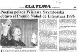 Poetisa polaca Wislawa Szymborska obtuvo el Premio Nobel de Literatura 1996.