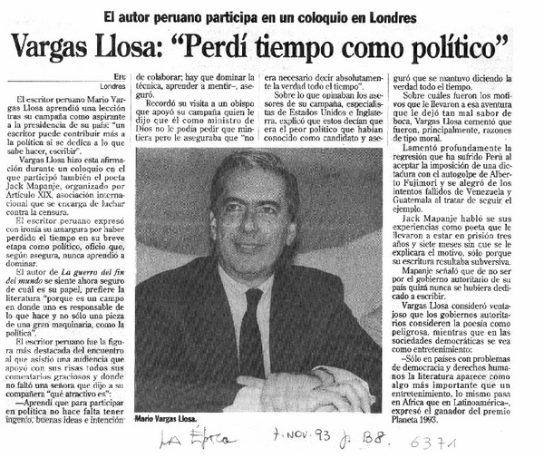 Vargas Llosa, "perdí tiempo como político".
