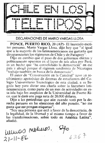 Declaraciones de Mario Vargas Llosa.