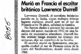 Murió en Francia el escritor británico Lawrence Durrell.