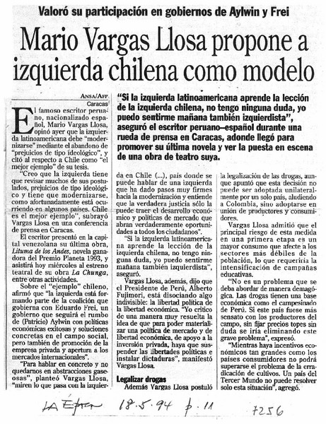 Mario Vargas Llosa propone a izquierda chilena como modelo.