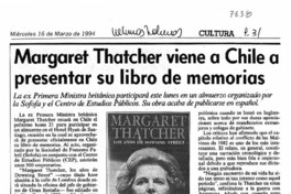 Margaret Thatcher viene a Chile a presentar su libro de memorias.