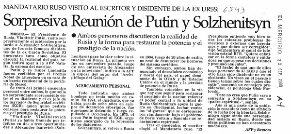 Sorpresiva reunión de Putin y Solzhenitsyn Mandatario Ruso visito al escritor y disidente de la ex URSS