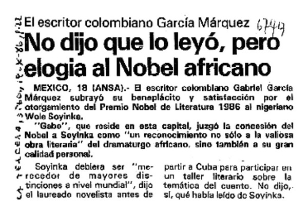 No dijo que lo leyó, pero elogia al Nobel africano El Escritor colombiano García Márquez