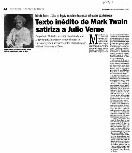 Texto inédito de Mark Twain satiriza a Julio Verne Editorial Lumen publica en España un relato desconocido del escritor estadounidense