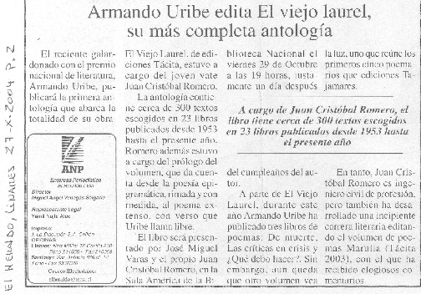 Armando Uribe edita El viejo laurel, su más completa antología
