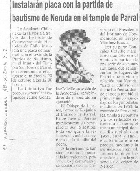 Instalarán placa con la partida de bautismo de Neruda en el templo de Parral