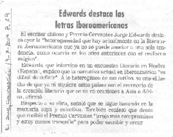 Edwards destaca las letras iberoamericanas