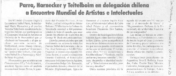 Parra, Harnecker y Teitelboim en delegación chilena a Encuentro Mundial de Artistas e Intelectuales