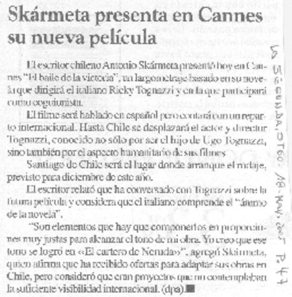 Skármeta presenta en Cannes su nueva película