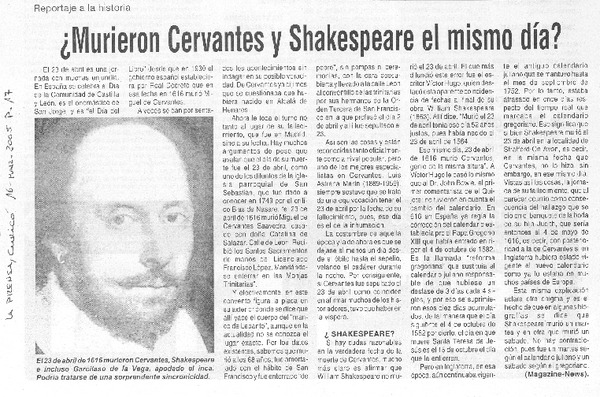 ¿Murieron Cervantes y Shakespeare el mismo día?