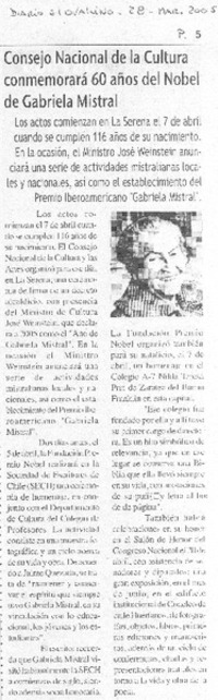 Consejo Nacional de la Cultura conmemorará 60 años del Nobel de Gabriela Mistral