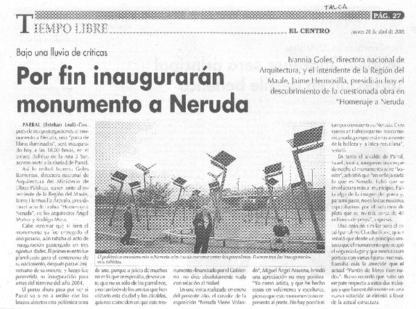 Por fin inaugurarán monumento a Neruda