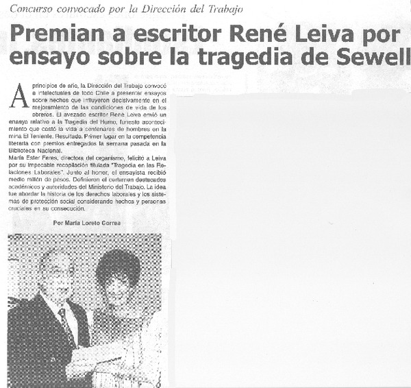 Premian a escritor REné Leiva por ensayo sobre la tragedia de Sewell