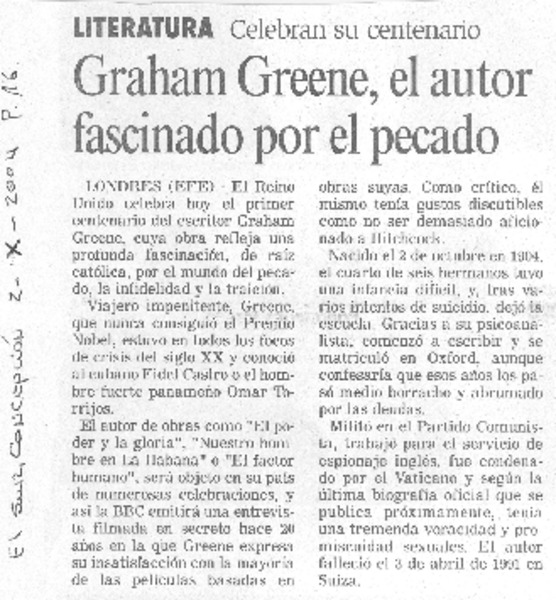 Grahama Greene, el autor fascinado por el pecado