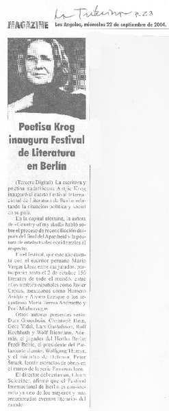 Poetisa Krog inaugura Festival de Literatura de Berlín