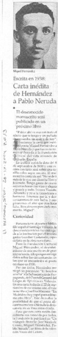 Carta inédita de Hernández a Pablo Neruda