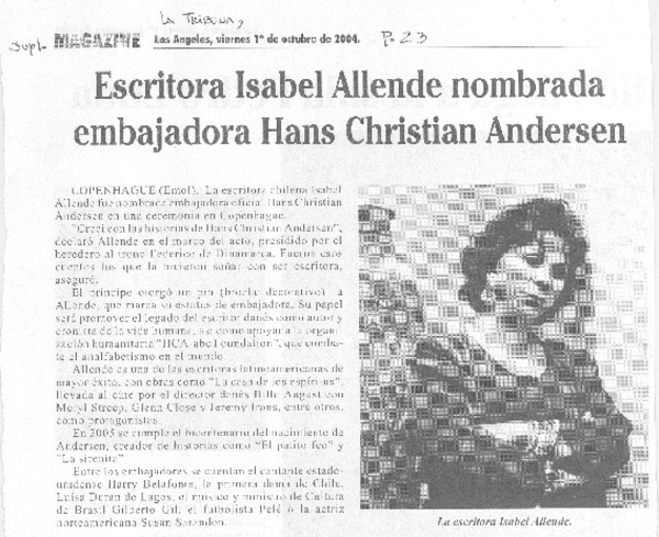 Escritora Isabel Allende nombrada embajadora Hans Christian Andersen