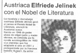 Austríaca Elfriede Jelinek con el Nobel de literatura