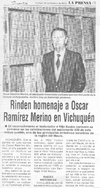 Rinden homenaje a Oscar Ramírez Merino en Vichuquén