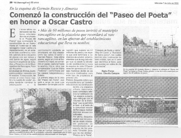 Comenzó la construcción del "Paseo del Poeta" en honoro a Oscar Castro