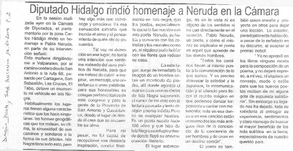 Diputado Hidalgo rindió homenaje a Neruda en la Cámara