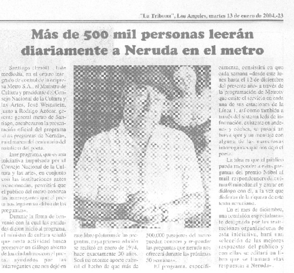 Más de 500 mil personas leerán diariamente a Neruda en el metro