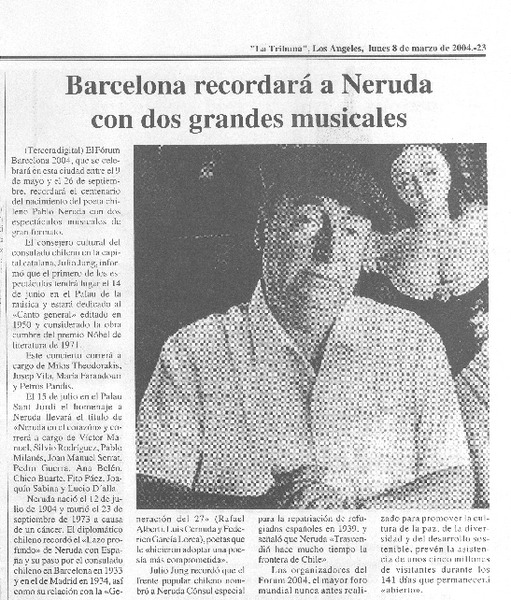 Barcelona recordará a Neruda con dos grandes musicales