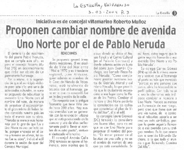 Proponen cambiar nombre de avenida Uno Norte por el de Pablo Neruda