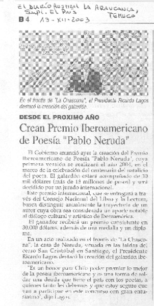 Crean Premio Iberoamericano de Poesía "Pablo Neruda"