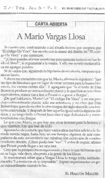 Carta abierta a Mario Vargas Llosa